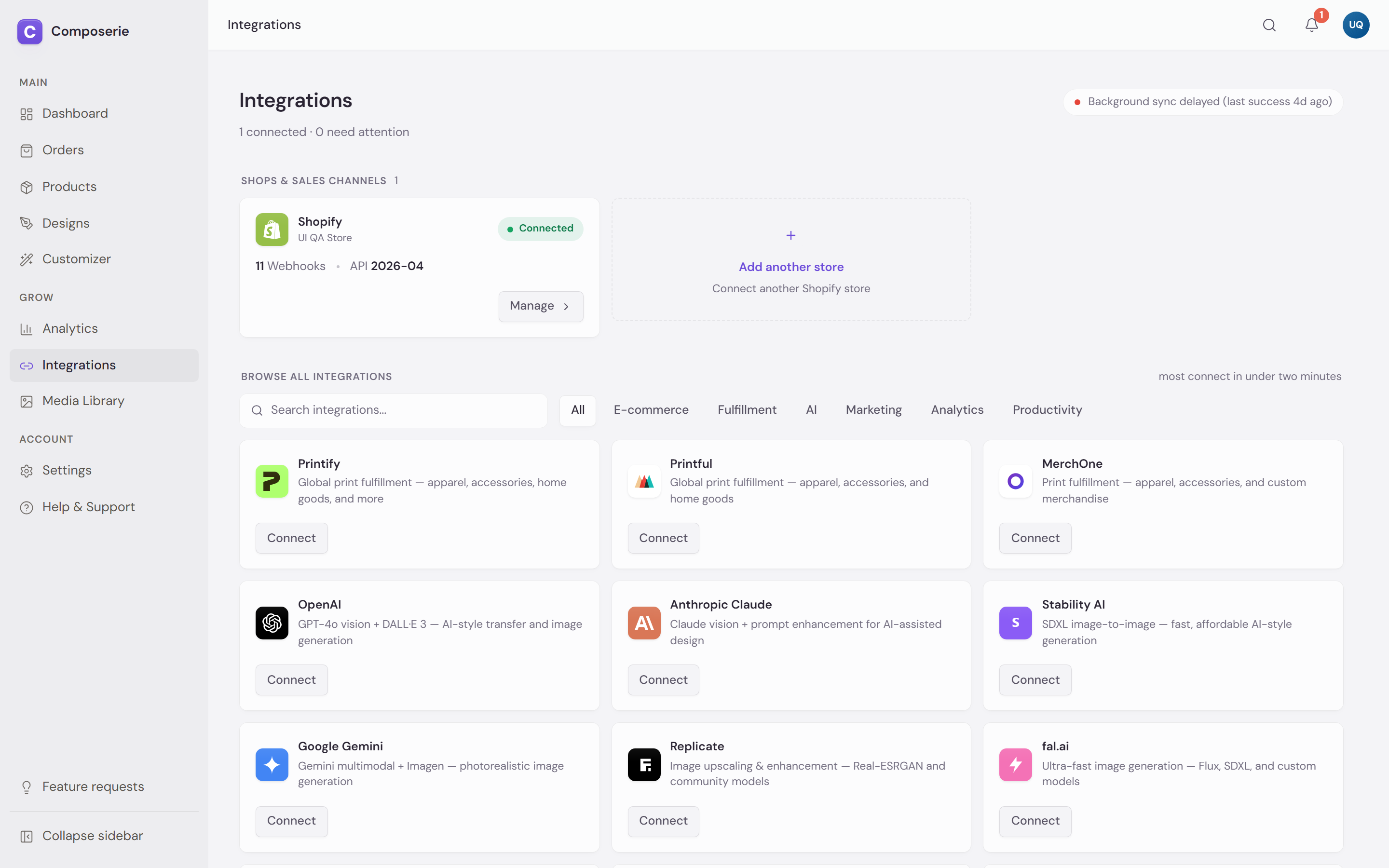 The Integrations hub with a search box and category filters for All, E-commerce, Fulfillment, AI, Marketing, Analytics and Productivity, above cards for Printify, Printful, MerchOne, OpenAI, Anthropic Claude, Stability AI, Google Gemini, Replicate and fal.ai, each with a Connect button