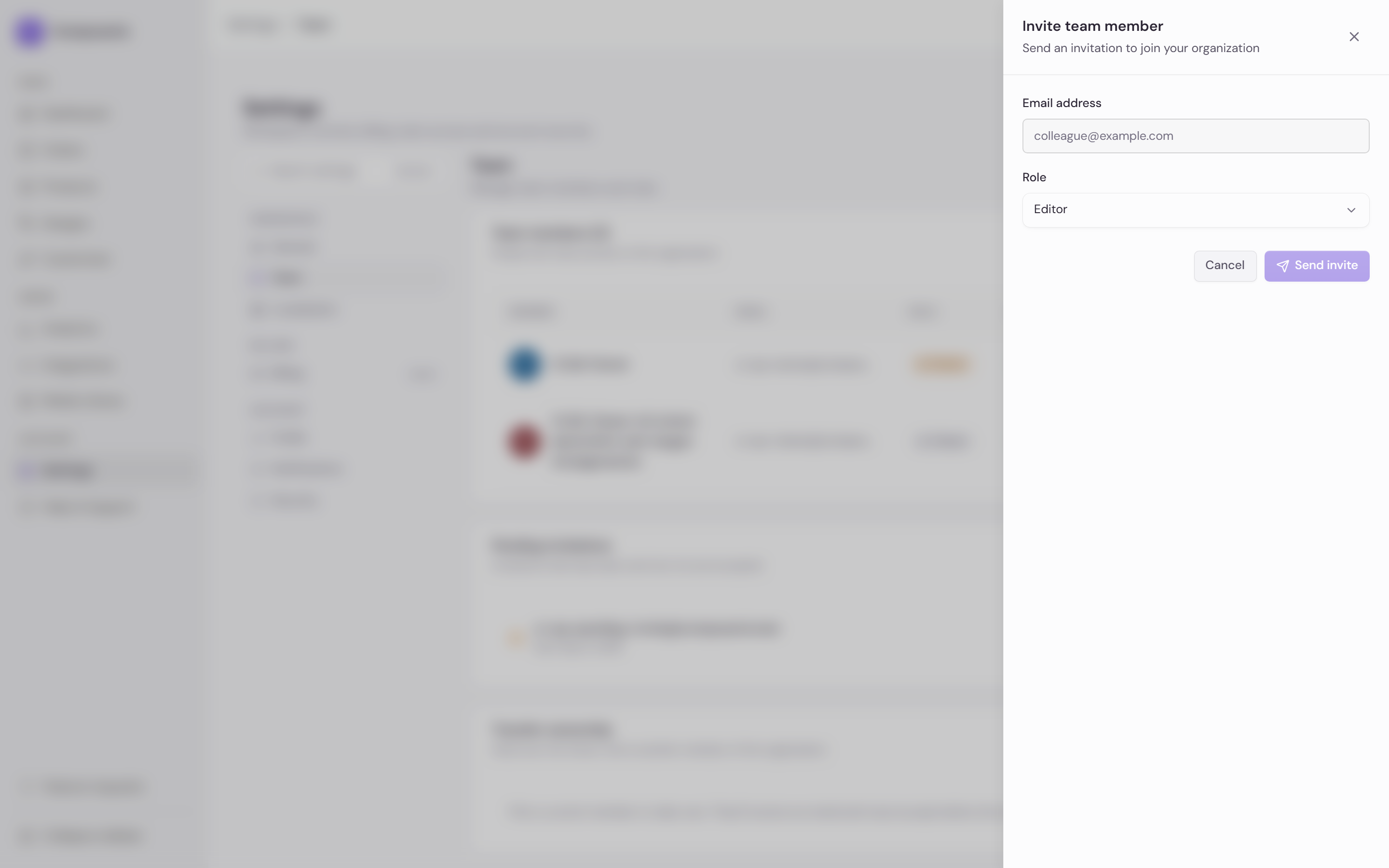 Invite member panel with an email field and a role dropdown showing Admin, Editor, Fulfillment, and Viewer