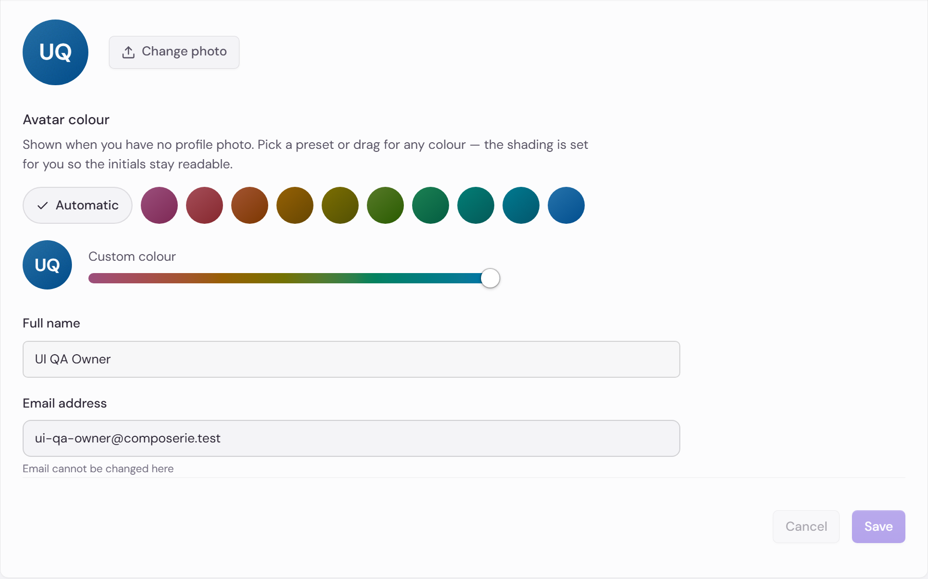 Profile settings with the Change photo action and an edited full name ready to save