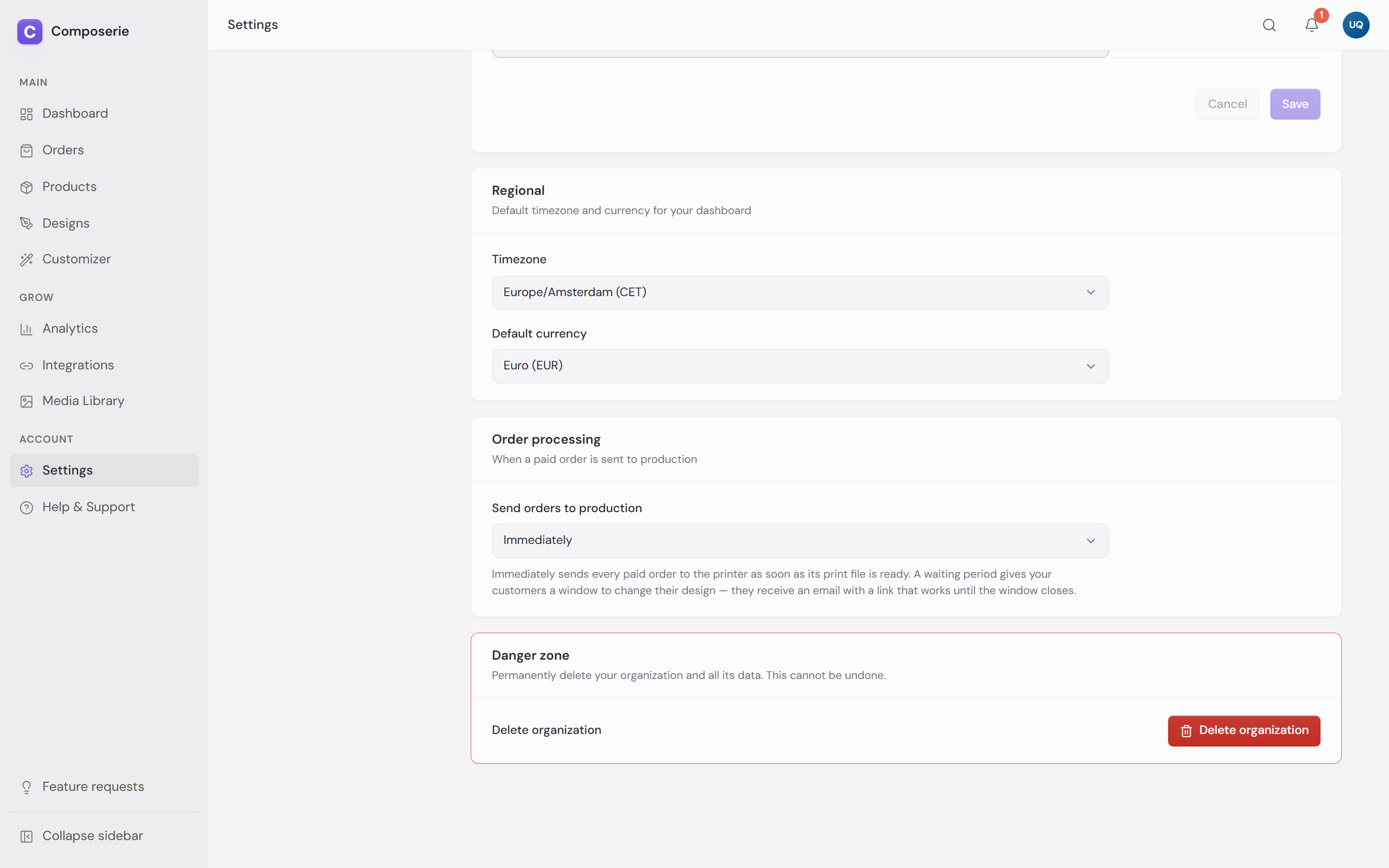 Danger zone with a Delete organization button and a field to type the organization name to confirm