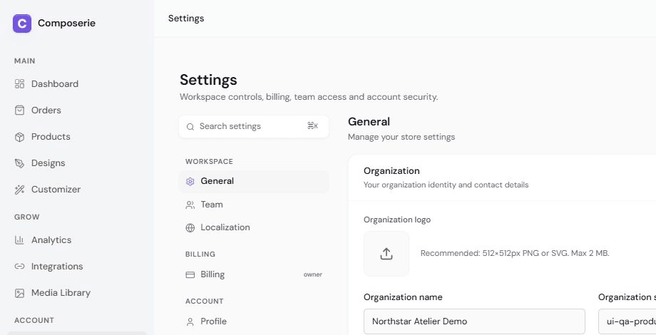General settings Organization section with a logo upload, name field, and contact email field