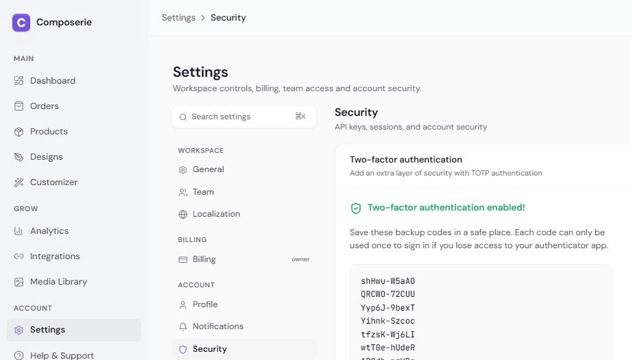 Backup codes screen with a list of one-time codes and Copy and Download buttons