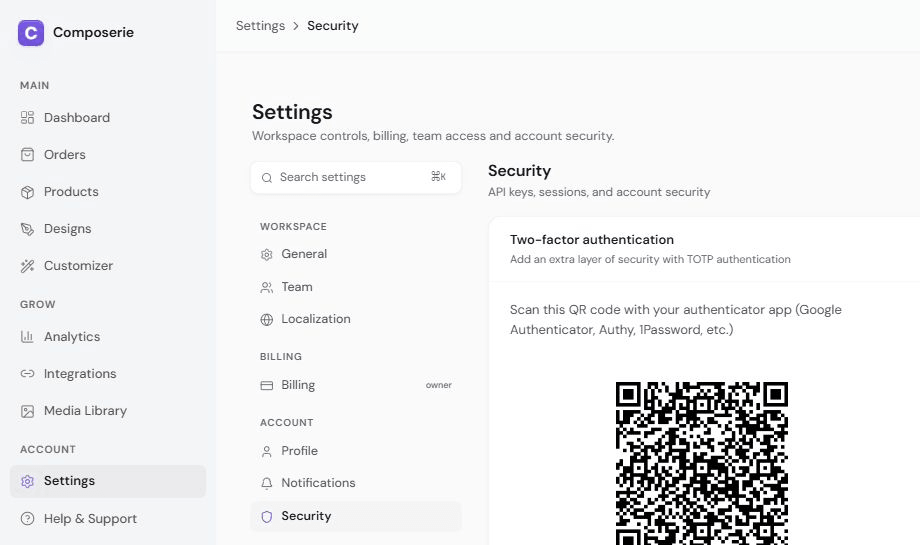 Two-factor setup showing a QR code to scan with an authenticator app