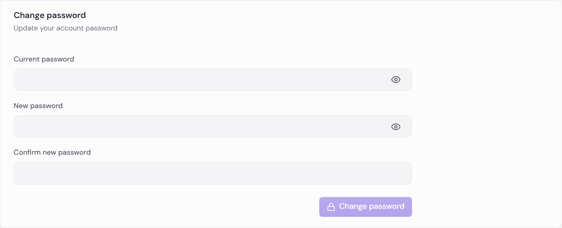 Change password form with current password, new password, and confirm fields