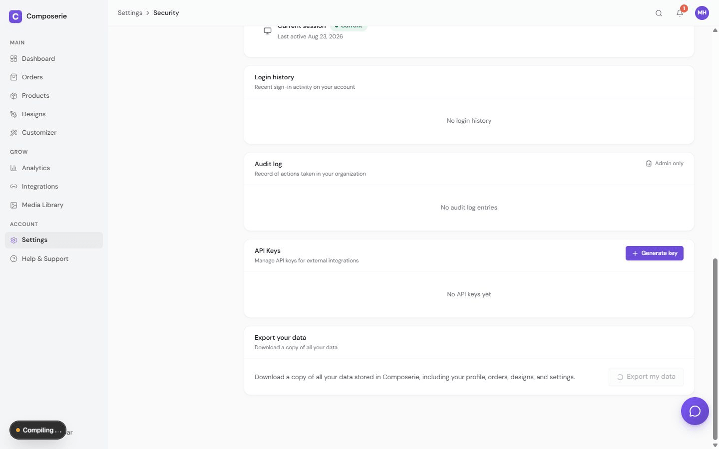Export your data section with a description and an Export button