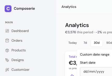 The custom date range picker with start date and end date fields and an Apply button