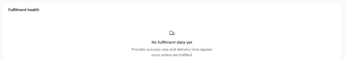 The Fulfilment health card with a success rate bar, order count, and average days per provider