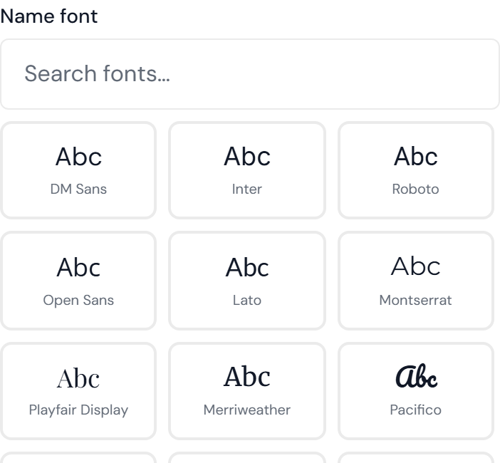 A grid of font tiles each previewing the typeface, with a search box above