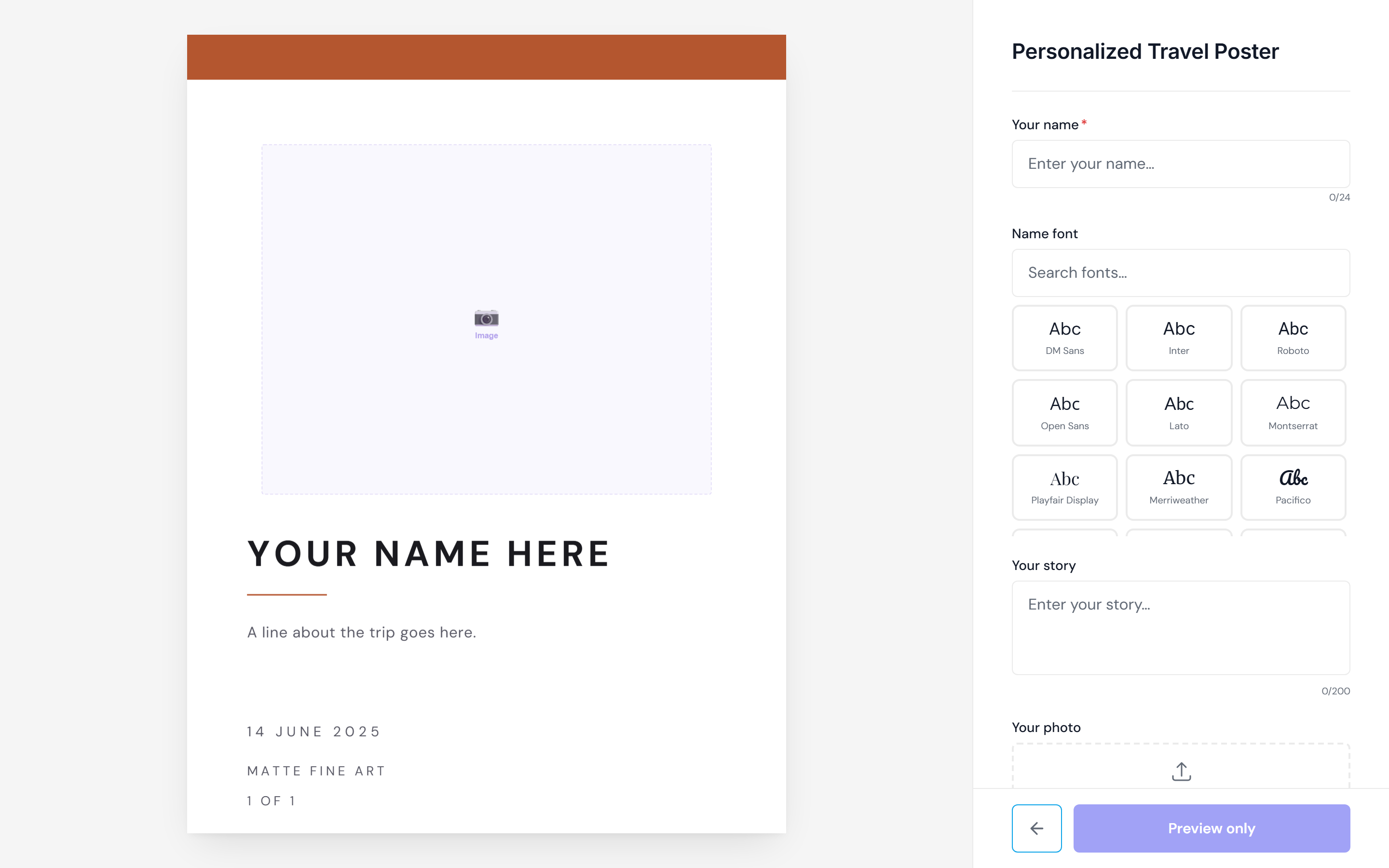 The shopper customizer with a product preview on the left and personalization fields on the right