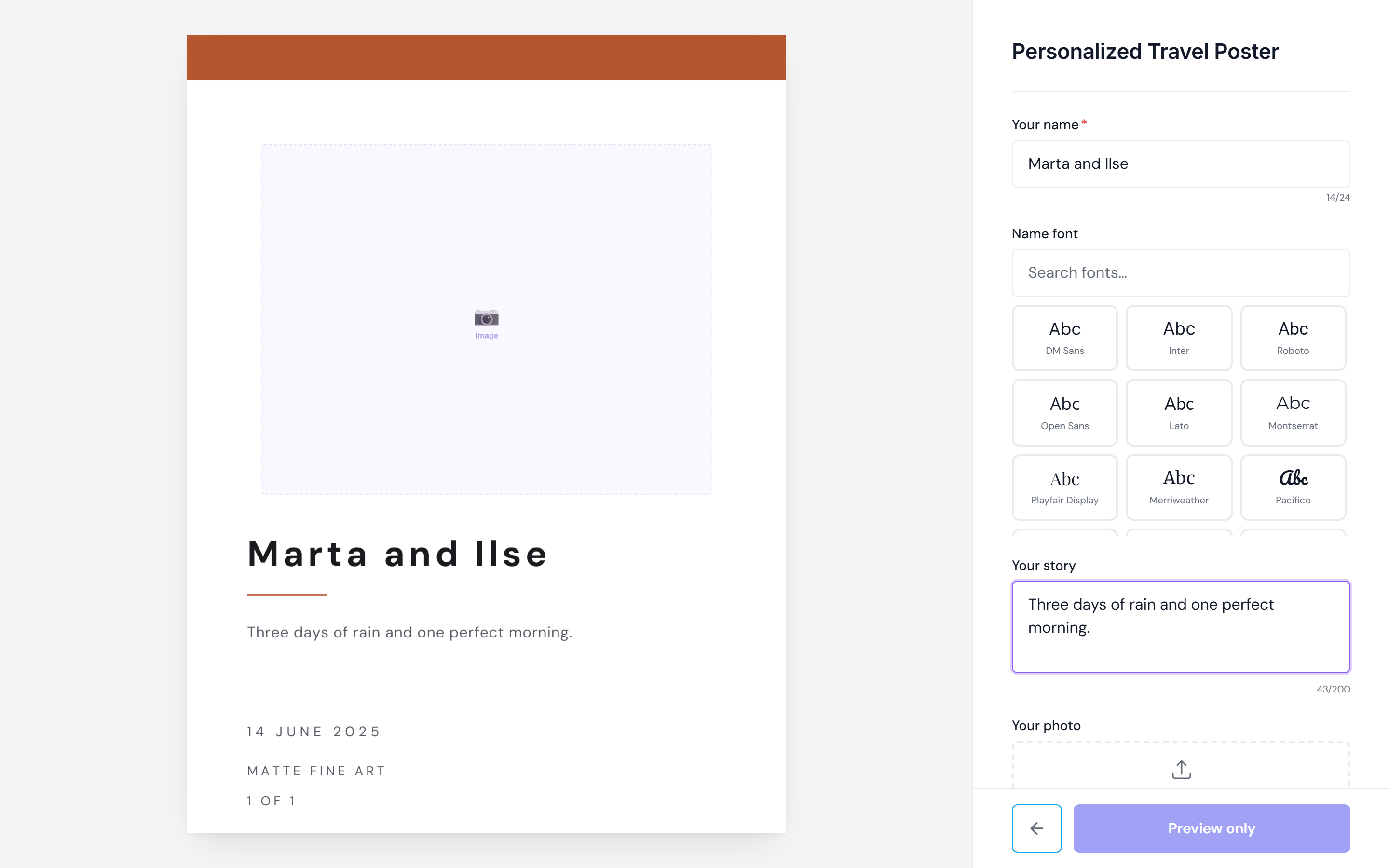 Personalization fields filled in with a name typed into a text field