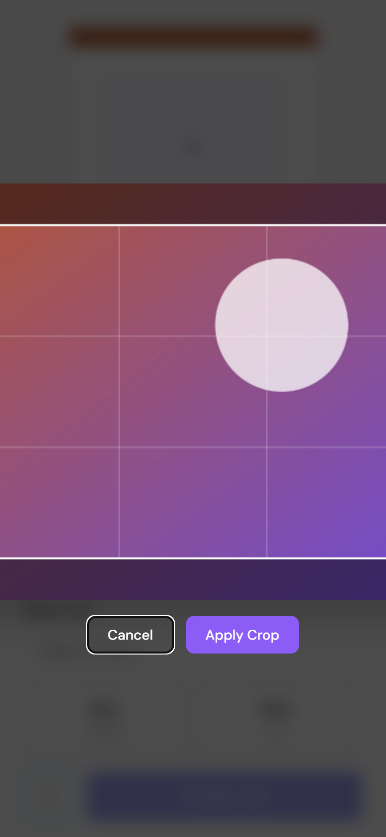 The crop overlay filling a phone screen: the uploaded photo with rule-of-thirds guides, square handles at each corner, and Cancel and Apply Crop buttons beneath it