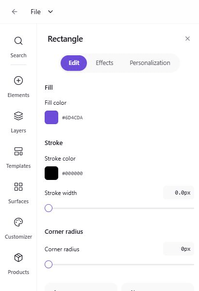 Shape properties showing fill, stroke, stroke width, and corner radius