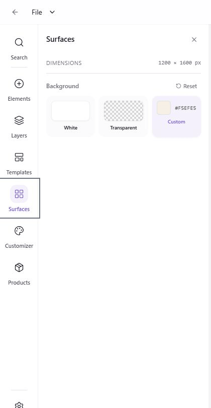 The surface background picker with White, Transparent, and Custom options