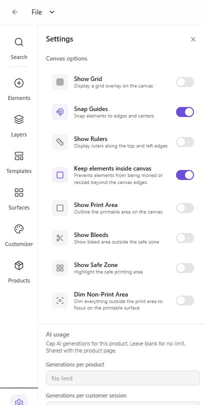Earlier Settings panel showing canvas options: show grid, snap to guides, show rulers, keep elements inside canvas, show print area, show bleed, show safe zone, dim outside the print area, and customer view
