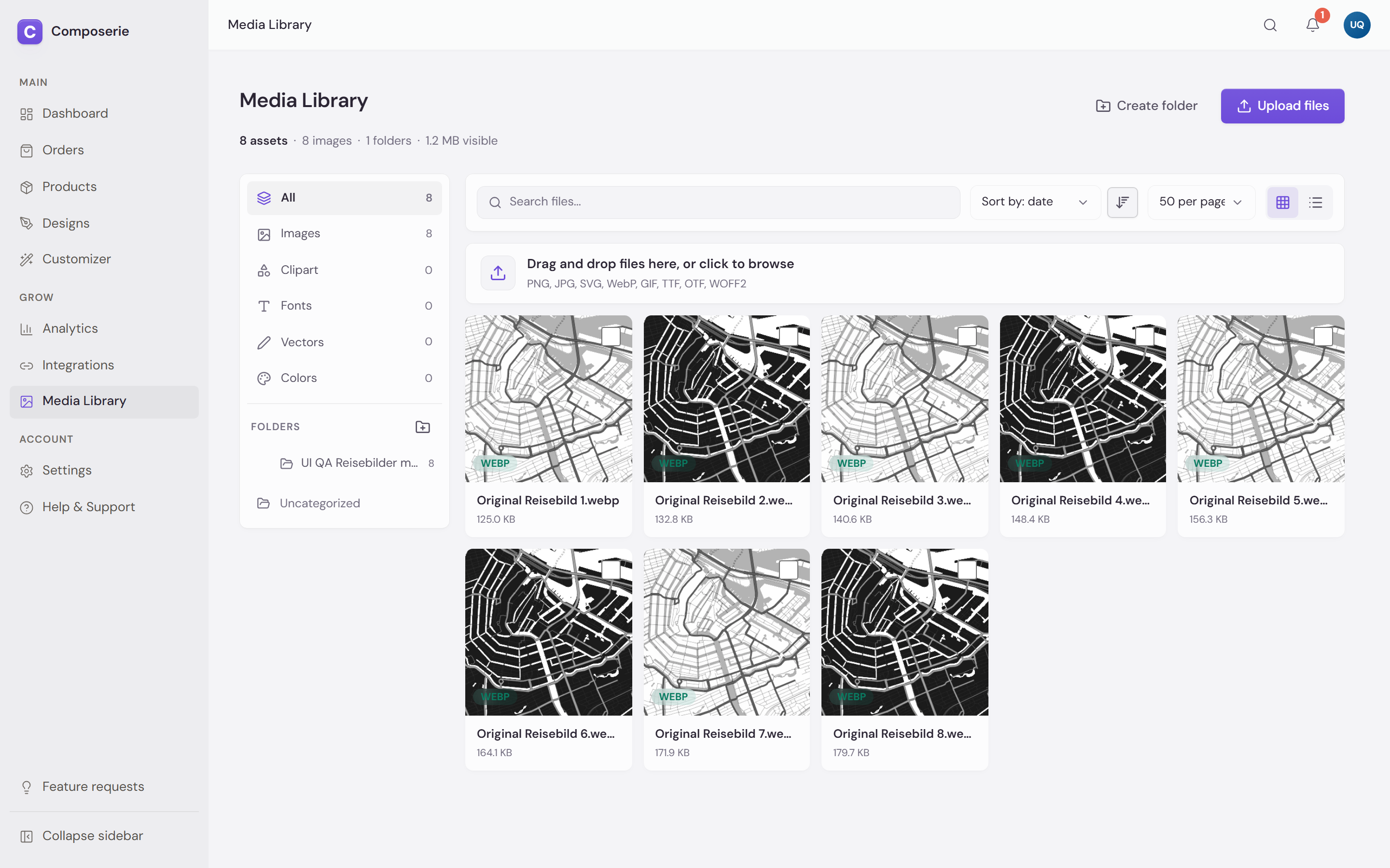 Composerie Media Library showing asset-type filters, folders, an upload button, and an uploaded image