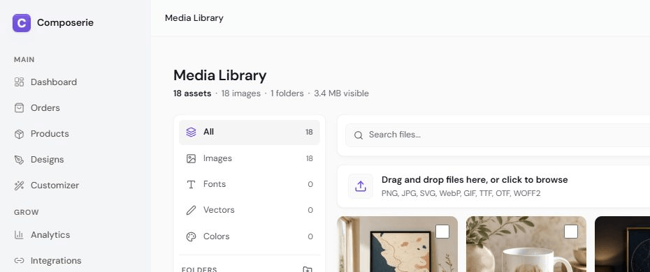 Media Library upload area with the supported image and font file formats