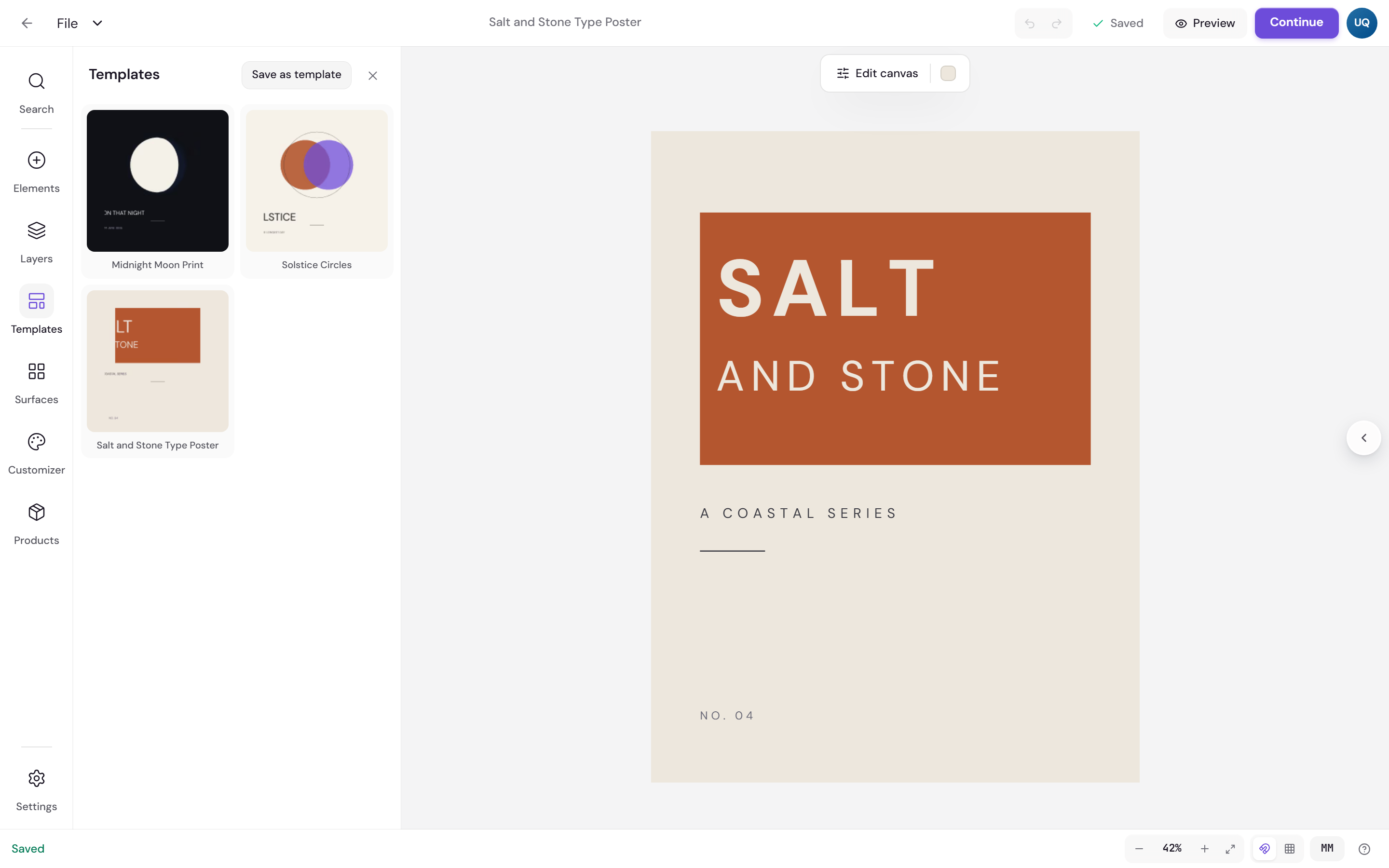 A grid of saved template thumbnails in the Templates panel