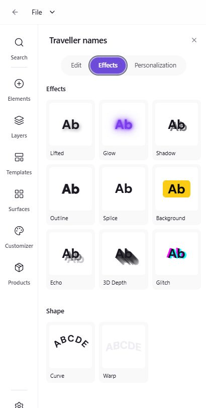 Earlier text Effects tab with a toggle grid of Lifted, Glow, Shadow, Outline, Splice, Background, Echo, 3D Depth, and Glitch