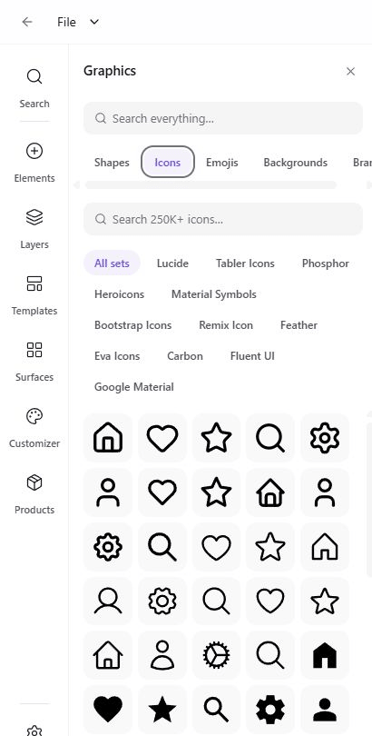 Cross-source search results grouped into Icons, Shapes, Emojis, and Backgrounds sections