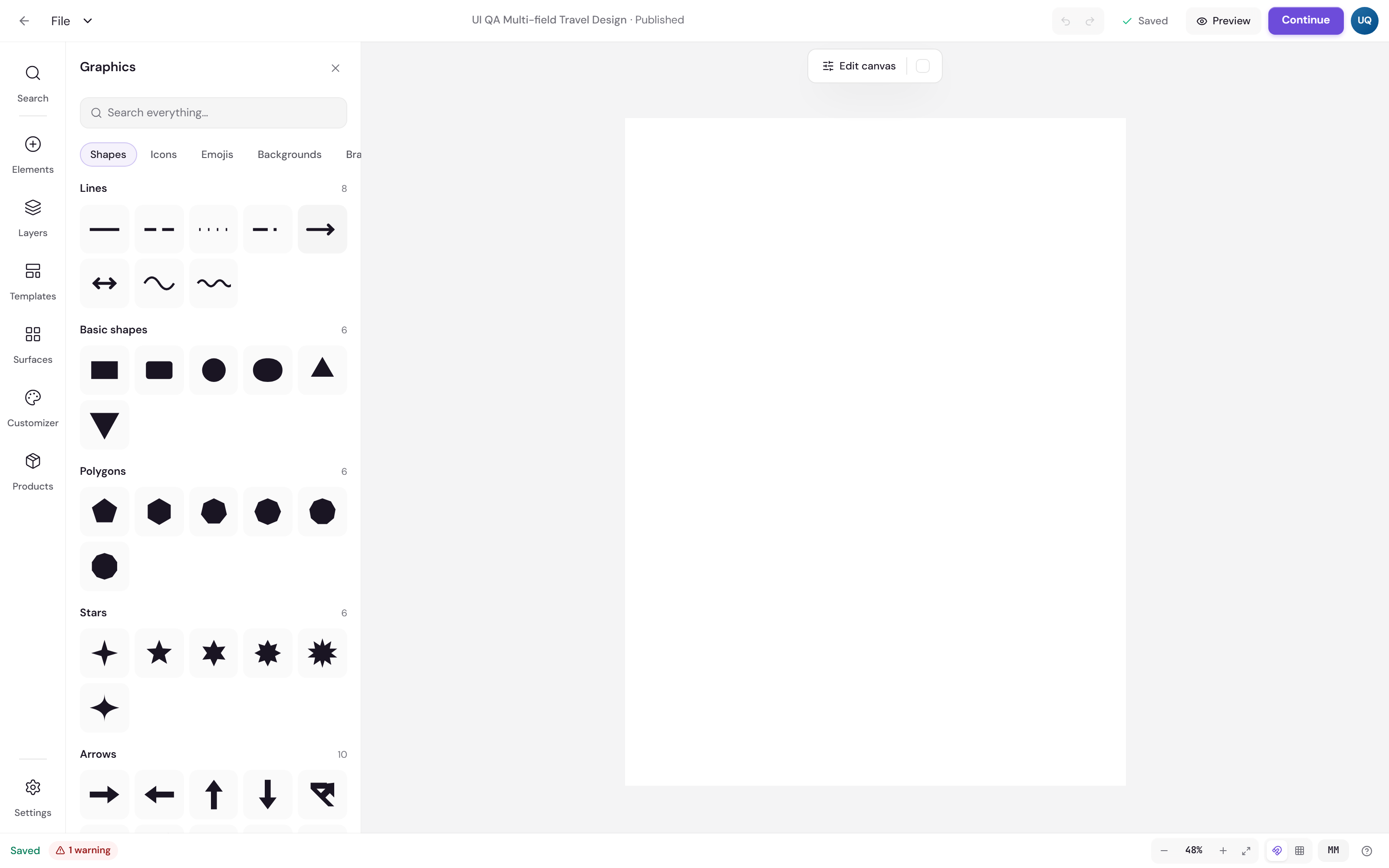 The Graphics panel open in the Design Studio sidebar, with a search box, the Shapes, Icons, Emojis, Backgrounds and Brand tabs, and grids of lines, basic shapes, polygons, stars and arrows