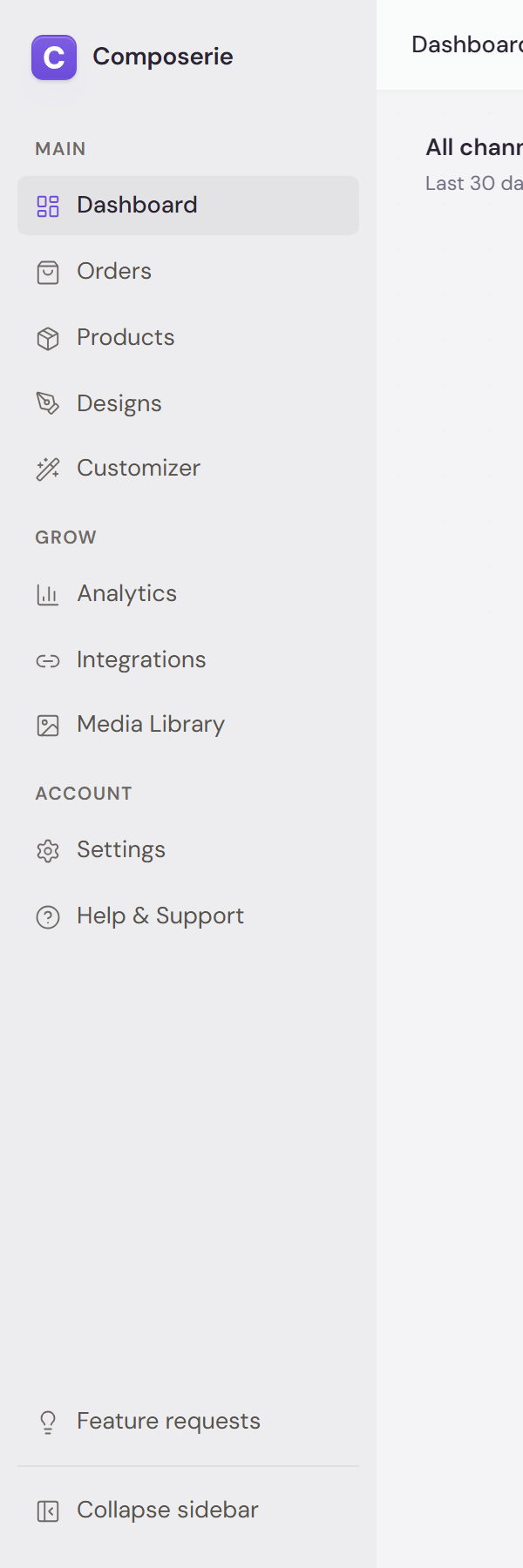 Composerie sidebar showing the Main, Grow, and Account groups, with a Feature requests link pinned at the bottom