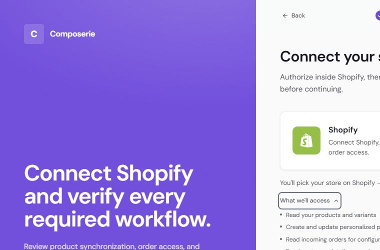 Focused view of the Shopify permissions Composerie requests during connection