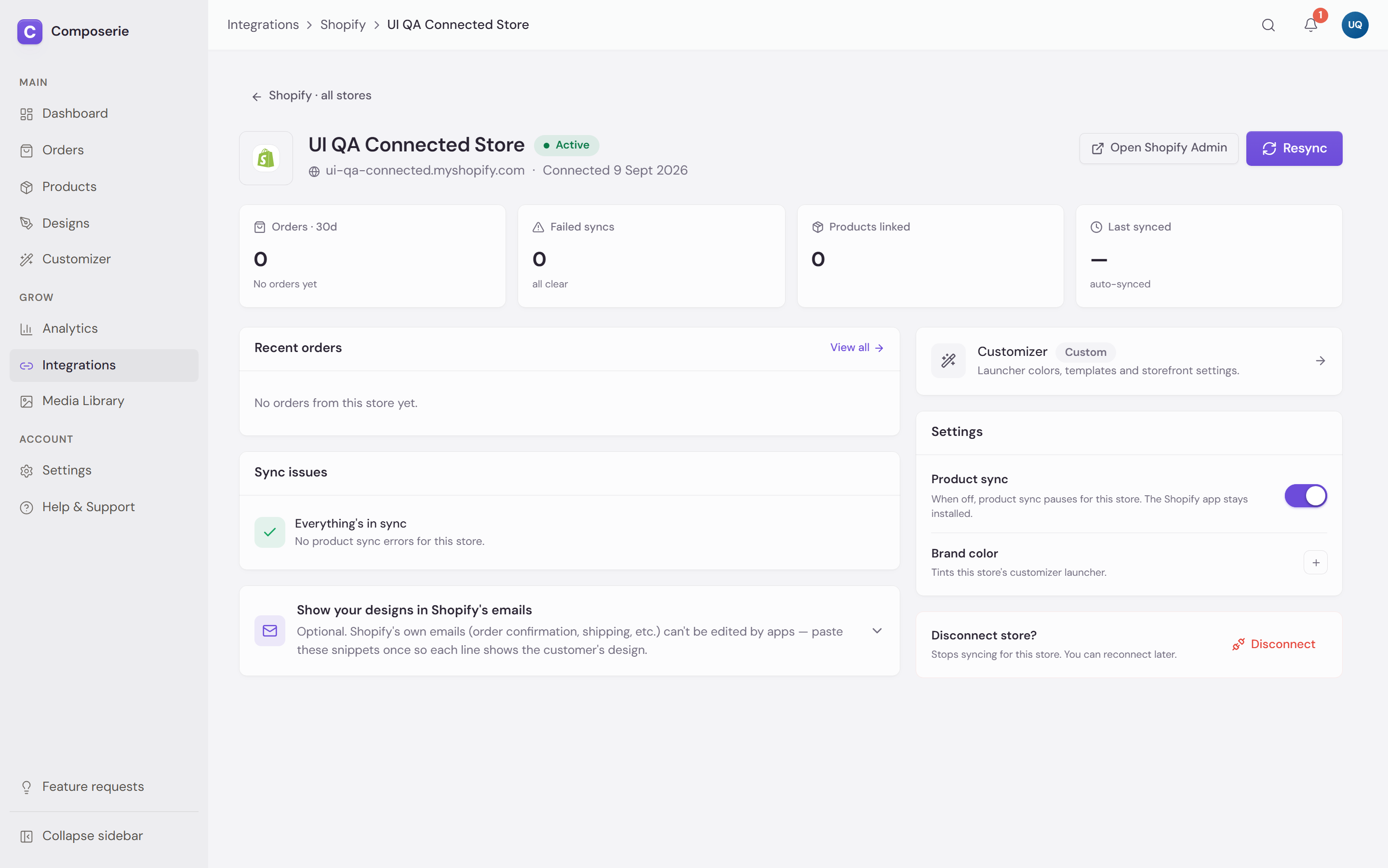 The store detail page: the shop marked Active with its domain and connection date, four counters for orders, failed syncs, linked products and last sync, a sync-issues card reading Everything's in sync, and settings for product sync, brand colour and disconnecting