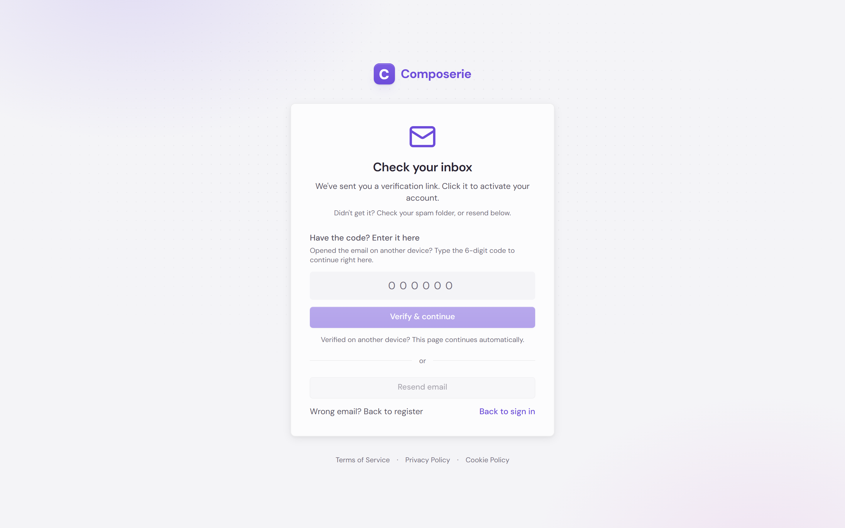 The check-your-inbox screen naming the email address and offering a resend button