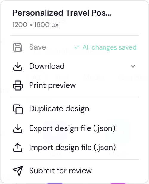 Earlier File menu in the Design Studio, showing the design name and canvas size, Save with All changes saved, Download, Print preview, Duplicate design, Export design file as JSON, Import design file, and Submit for review. The menu no longer has Submit for review: designs go live from the product page.