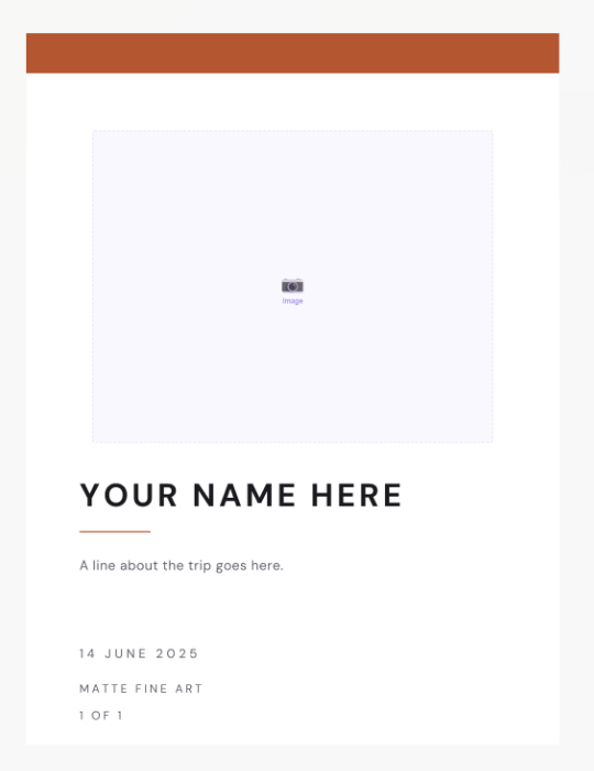 The print preview sheet showing the poster without editor chrome: the accent bar, an empty photo placeholder, the heading, the story line and the small print