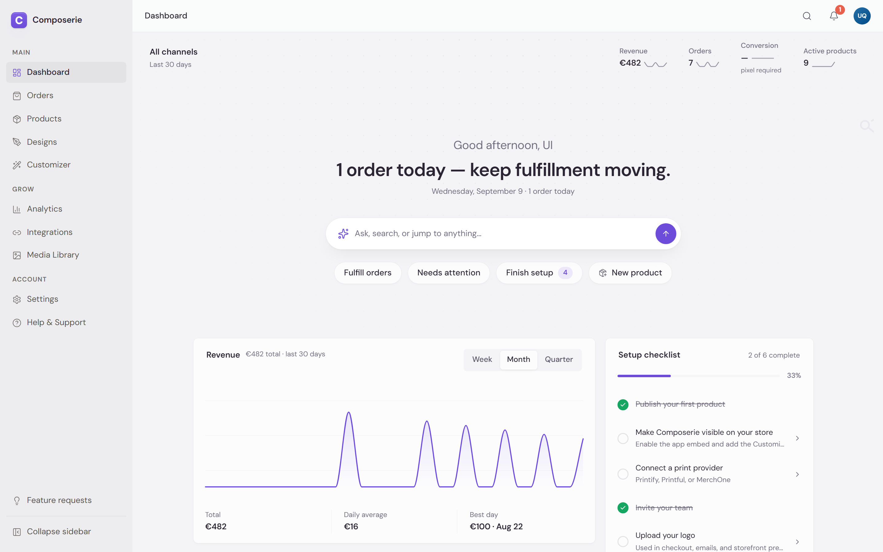 Composerie dashboard showing the main navigation used to find products, designs, customizer, analytics, and settings