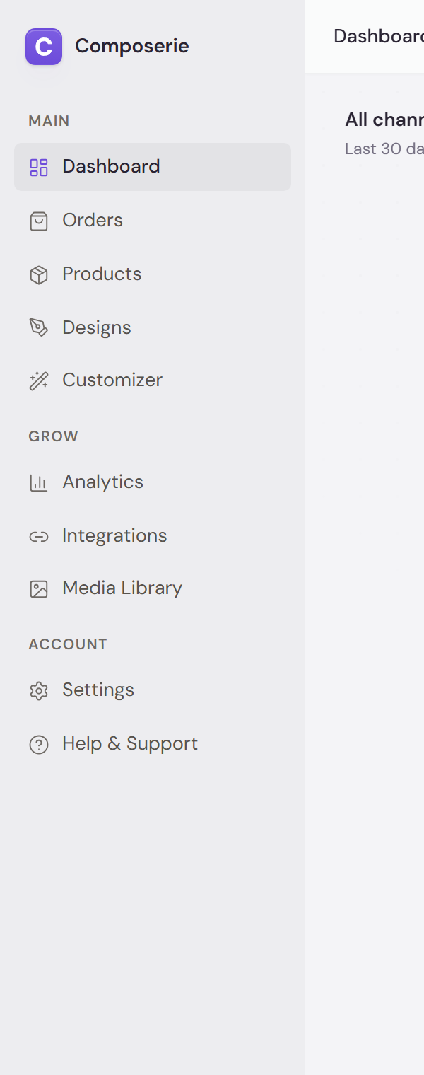 Current Composerie dashboard with the Dashboard, Products, Designs, Customizer and Settings destinations visible