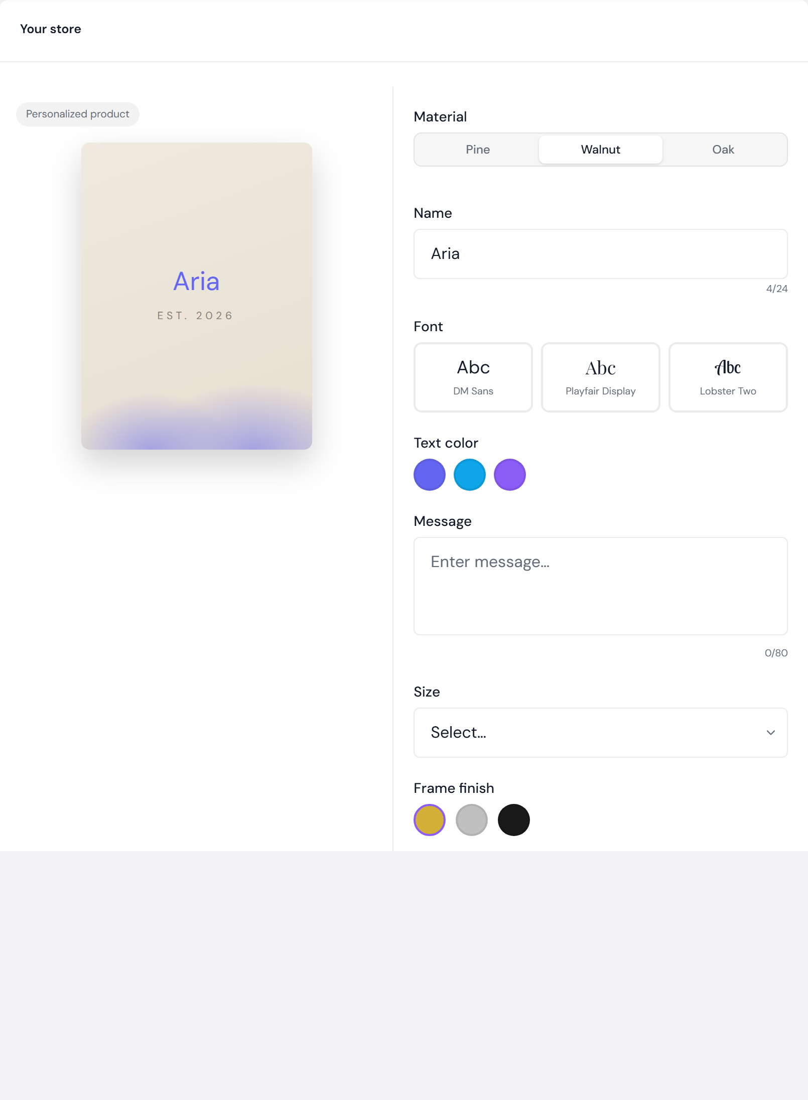 The live preview in Customizer settings: a personalized product on the left, and on the right a Material choice of Pine, Walnut or Oak, a Name field with a character counter, three font tiles, a text colour row, a Message box, a Size dropdown and a Frame finish colour row