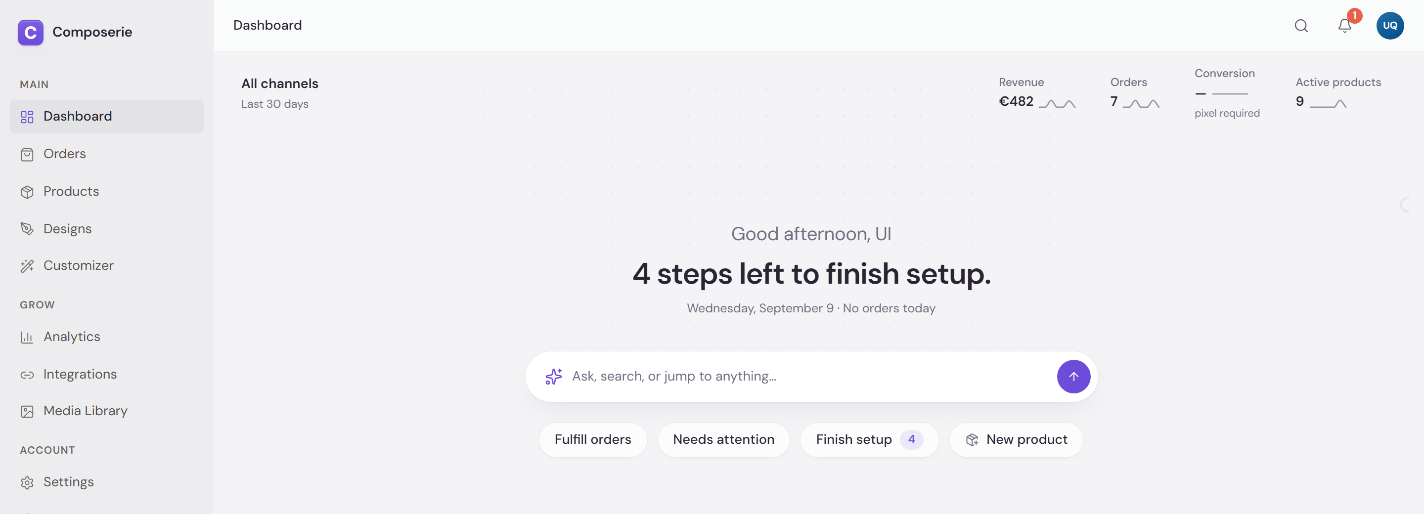 The top of the Composerie dashboard: the sidebar with Dashboard, Orders, Products, Designs and Customizer, the All channels ribbon showing revenue, orders, conversion and active products, a greeting, a search field, and the Fulfill orders, Needs attention, Finish setup and New product actions
