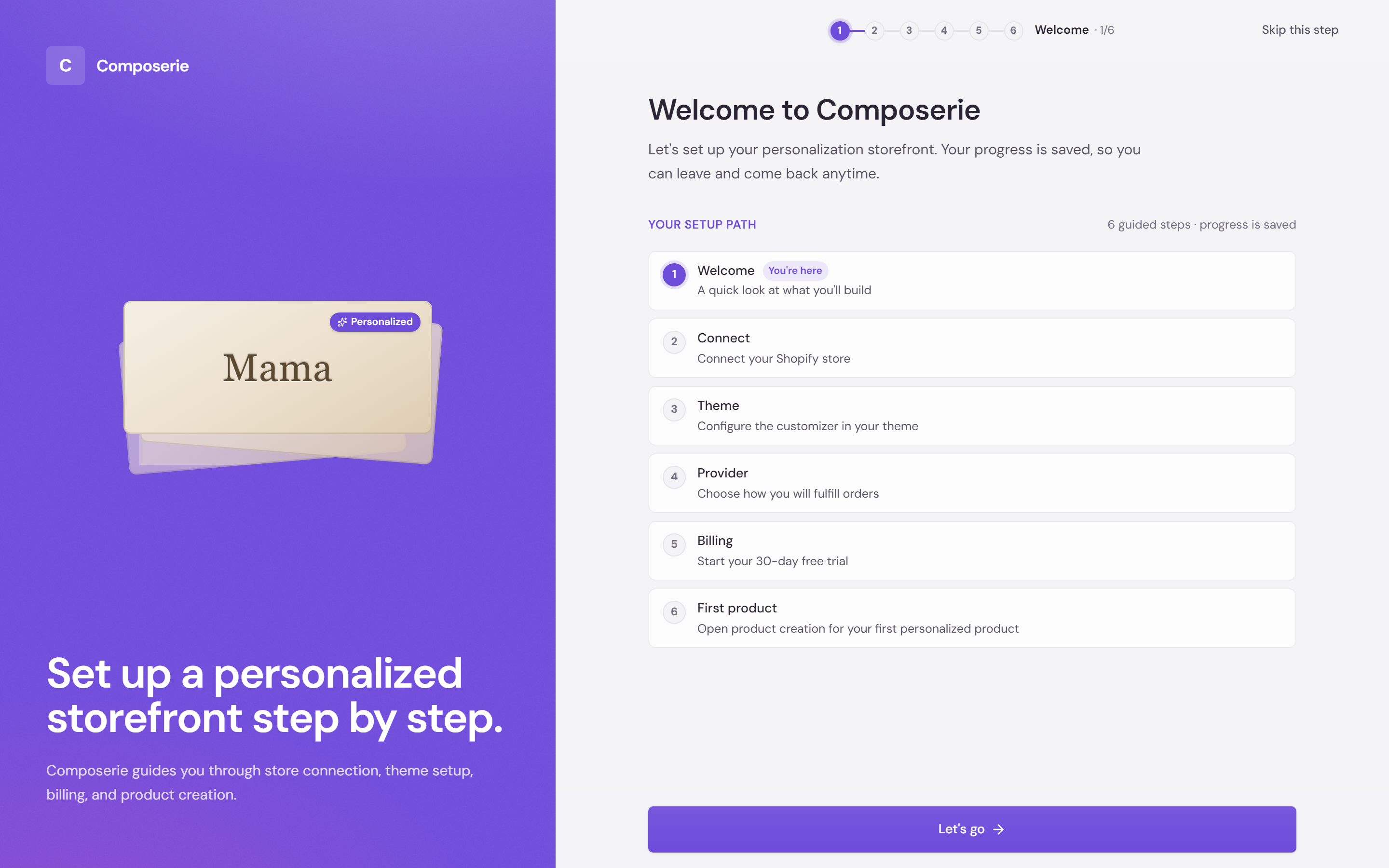 The onboarding welcome screen listing all six steps: Welcome, Connect, Theme, Provider, Billing and First product, with a note that progress is saved