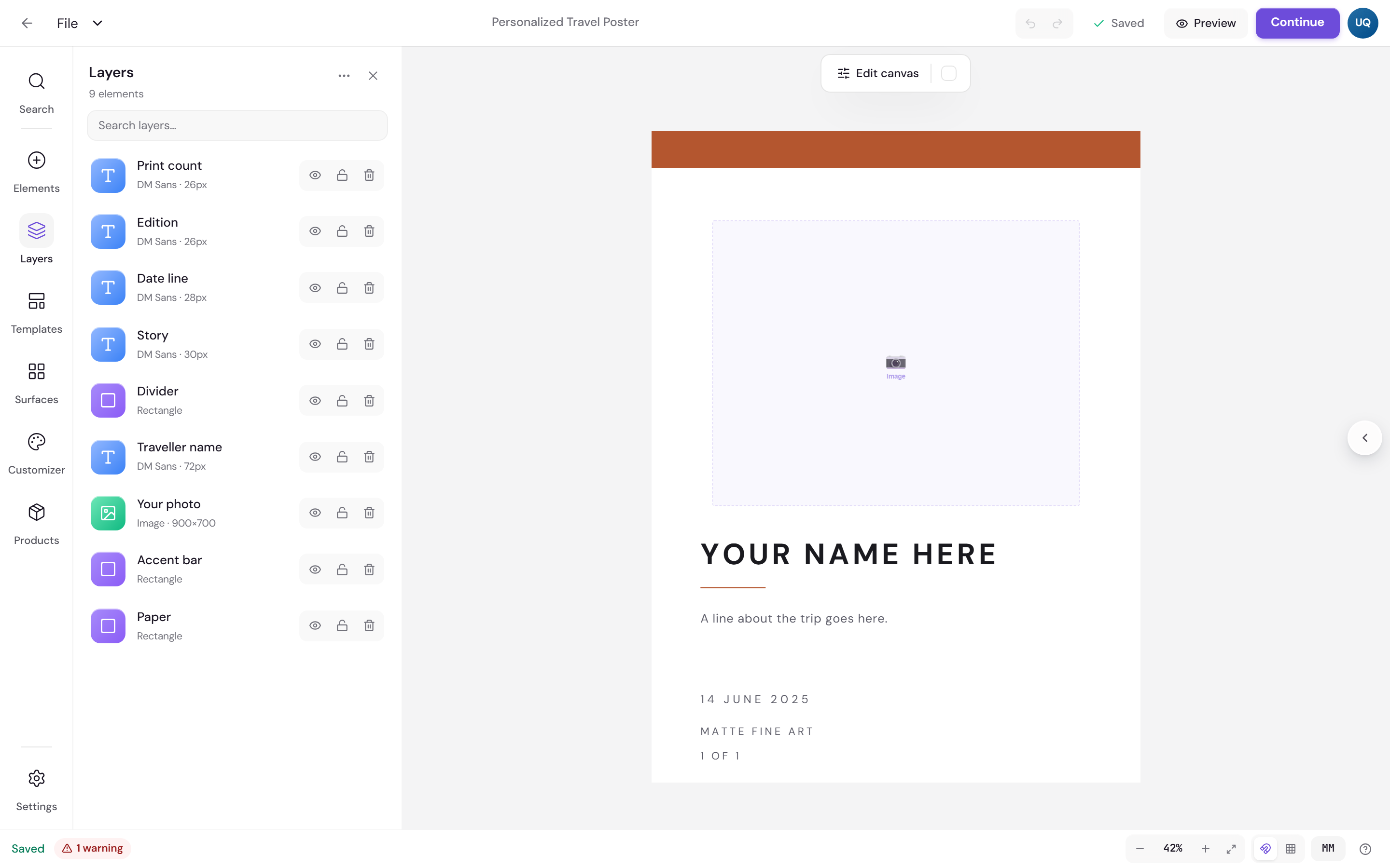 The Design Studio with the Layers panel open, listing nine named elements beside the poster on the canvas