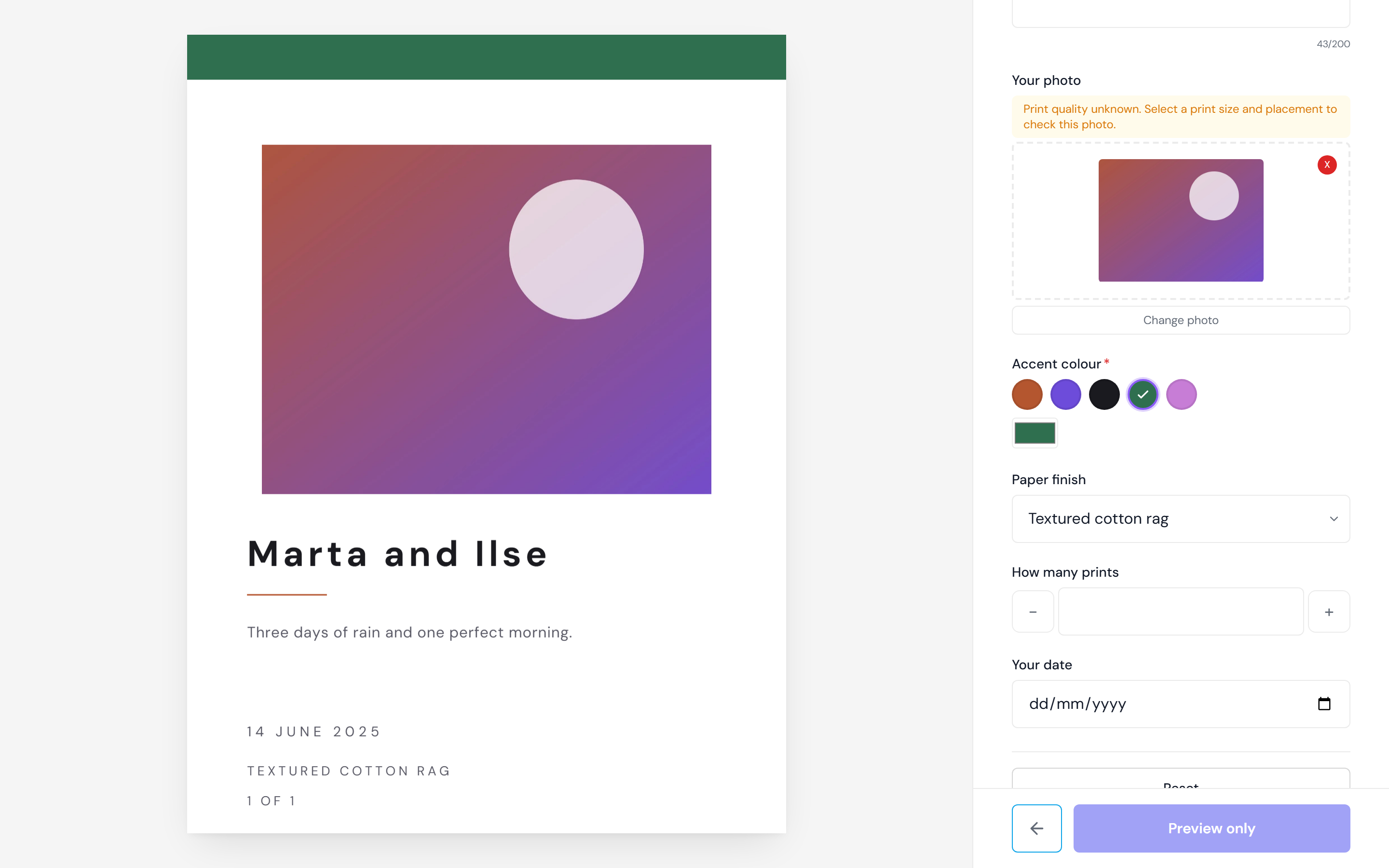 The customer preview with every field filled in: a name, a story, an uploaded photo, an accent colour and a paper finish, all showing on the poster beside the form