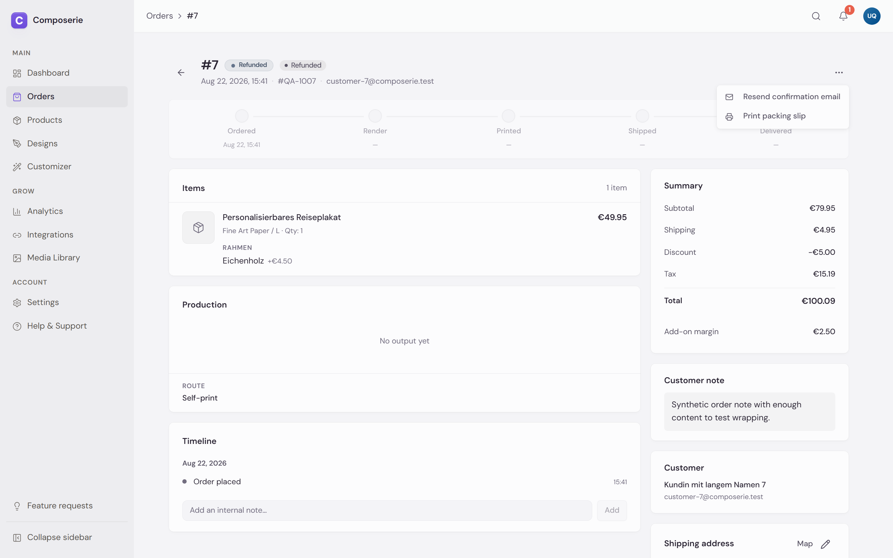 An order page with the More actions menu open, listing Resend confirmation email and Print packing slip