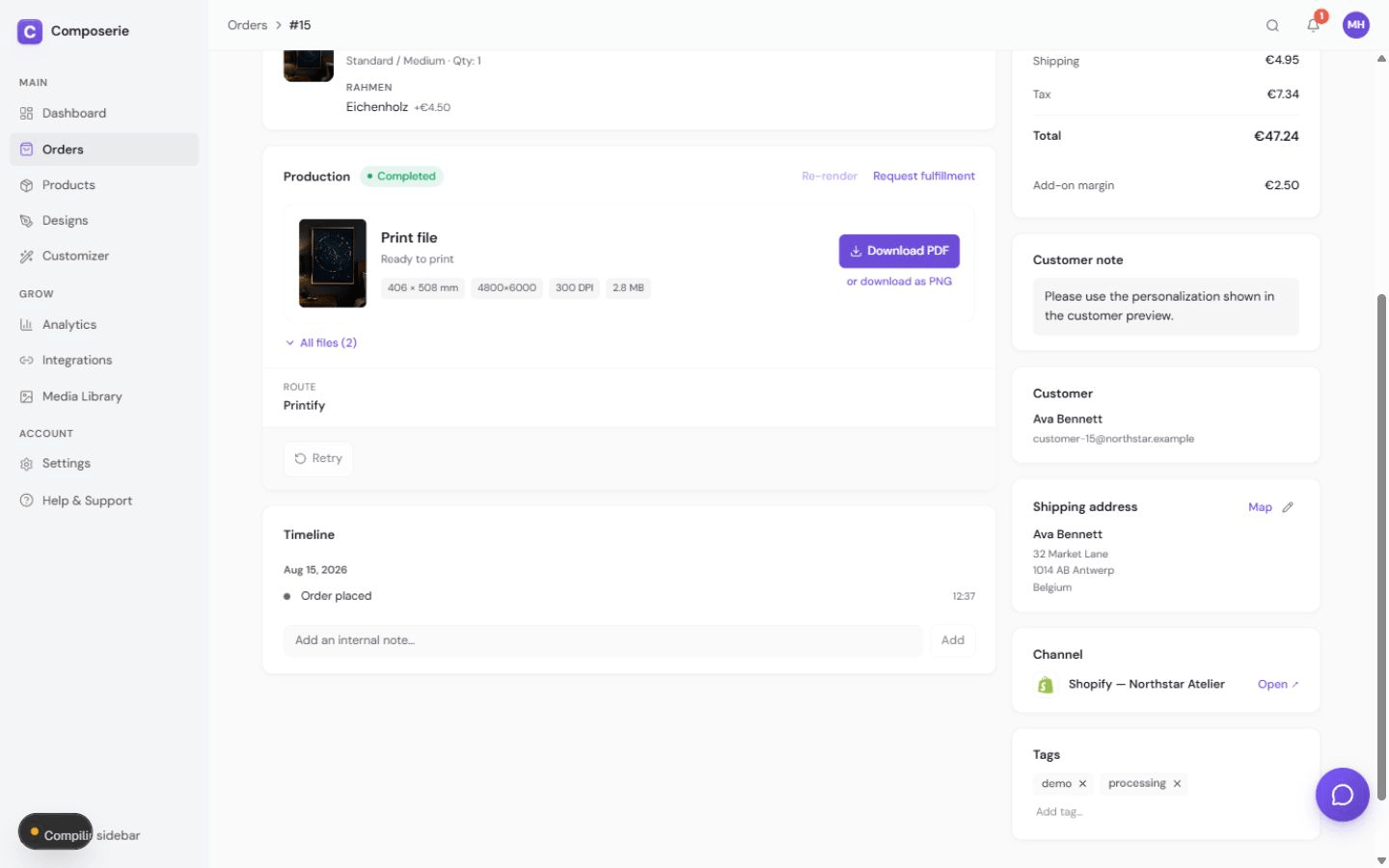 The order header primary button offering the next status step