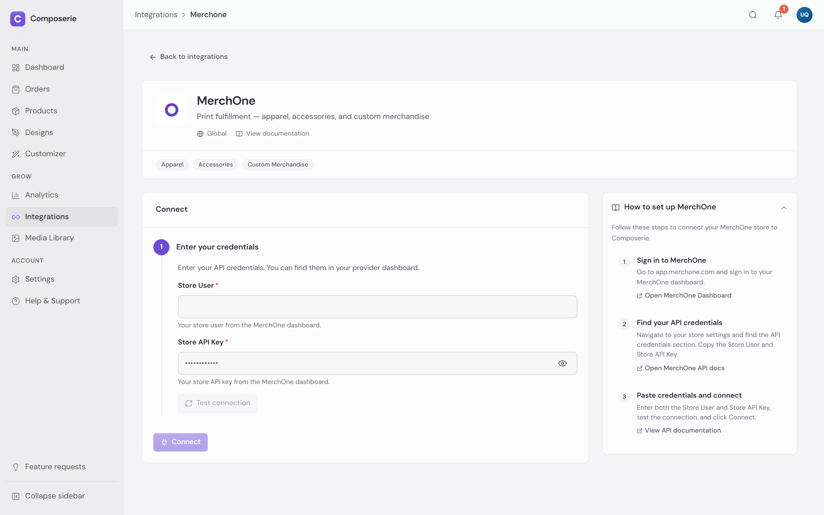 A provider connect page with its setup guide and credential fields
