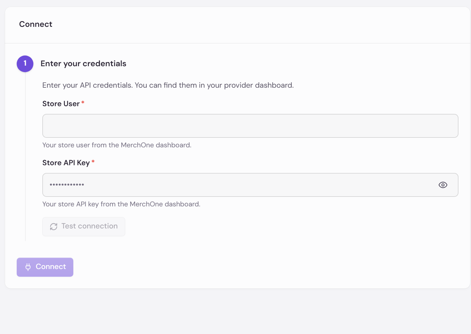 Store User and Store API Key fields on the MerchOne connect page