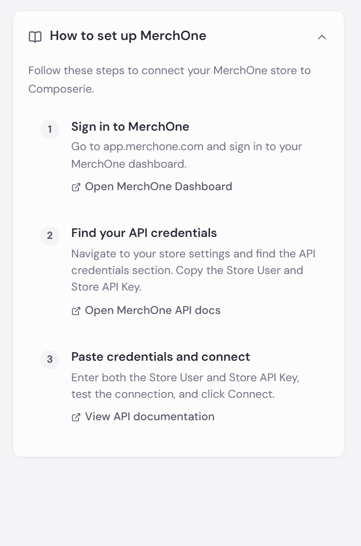 The MerchOne setup guide on the connect page