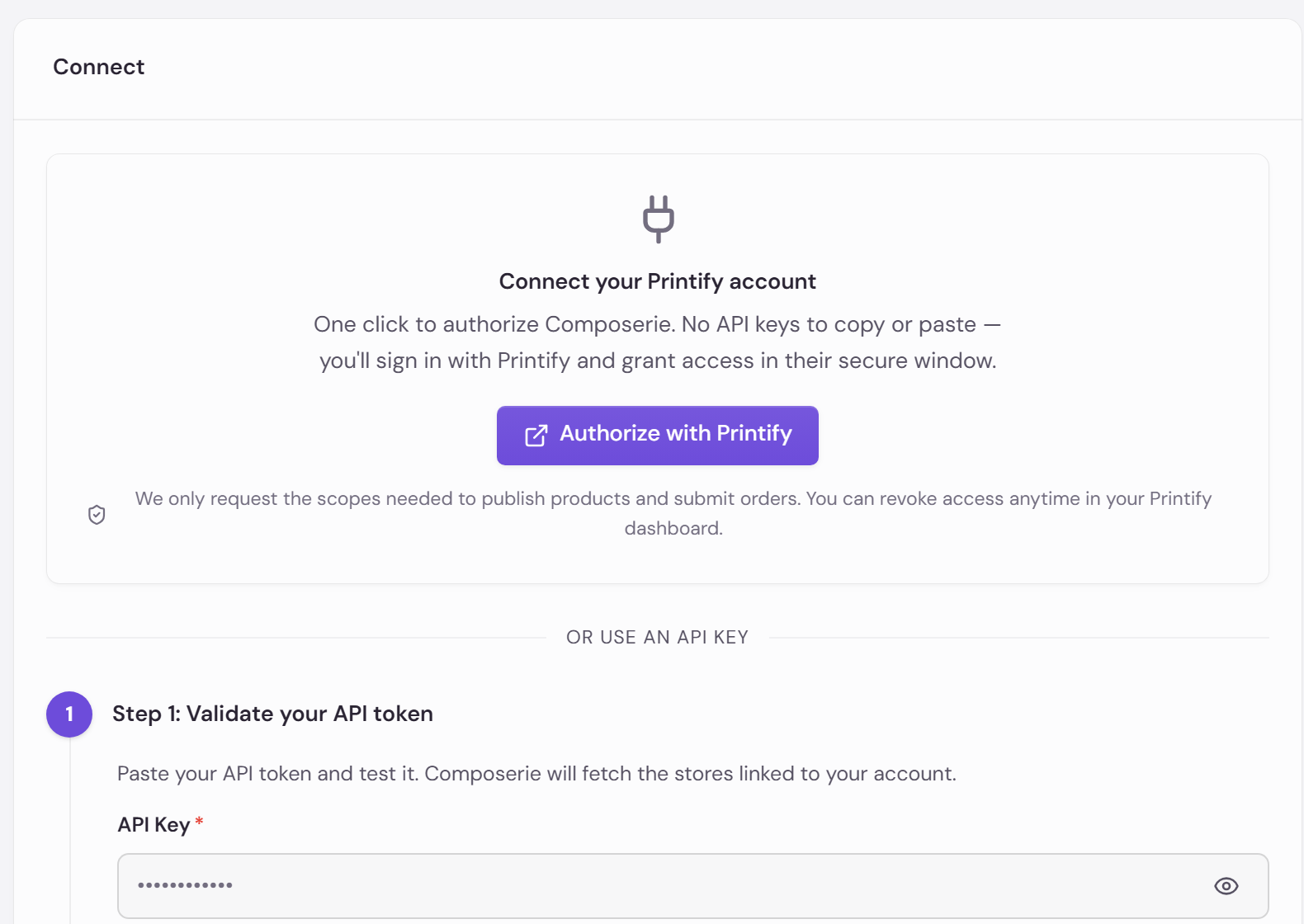 Printify connect page showing the one-click button and the Or use an API key divider
