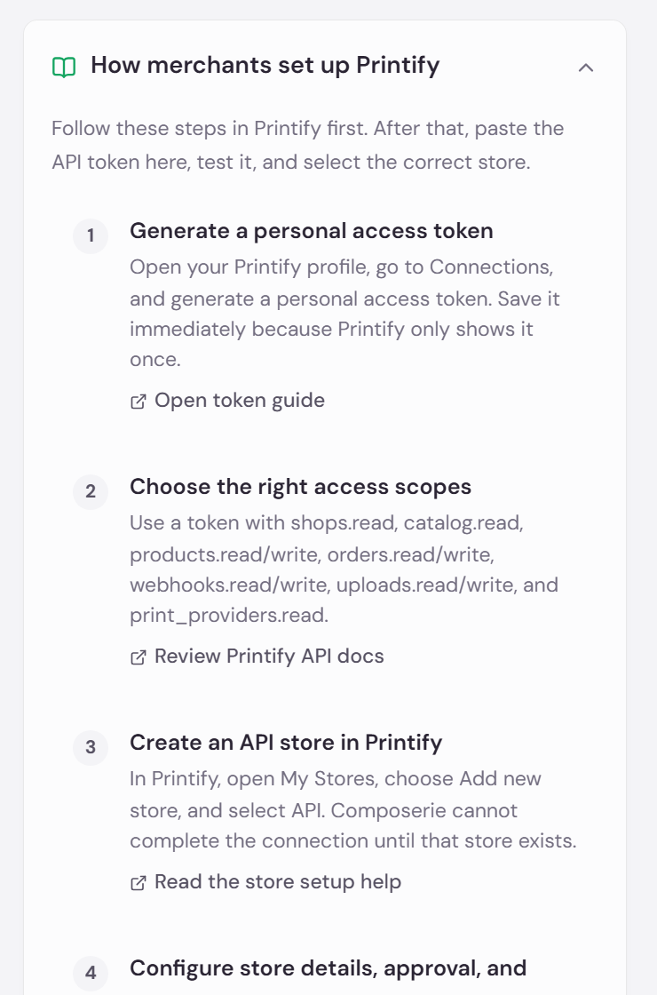 The collapsible Printify setup guide on the connect page