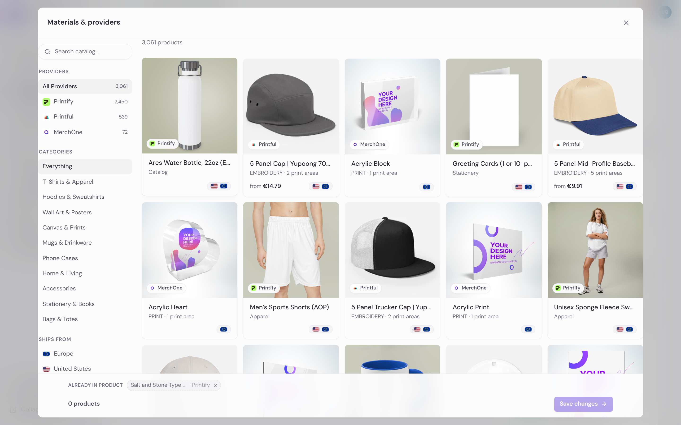 The Materials and providers picker: a search box, a provider list counting each catalog, categories and ships-from filters down the left, a grid of catalog products, and the product's existing provider shown as a chip along the bottom