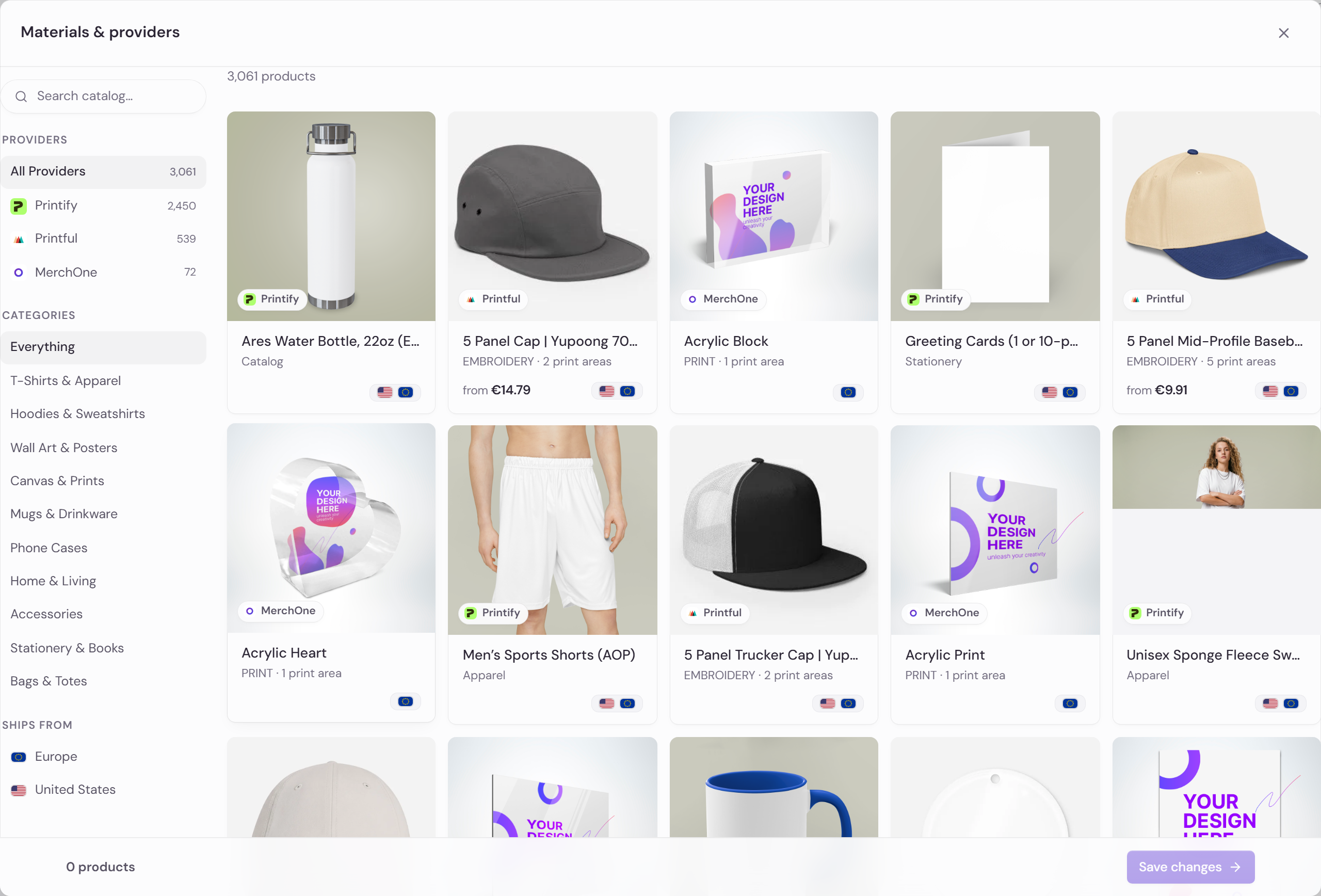 The Materials and providers picker: a catalog search box, a provider list showing All Providers 3,061, Printify 2,450, Printful 539 and MerchOne 72, a category list, a Ships from filter, and a grid of provider products each badged with its provider and print-area count