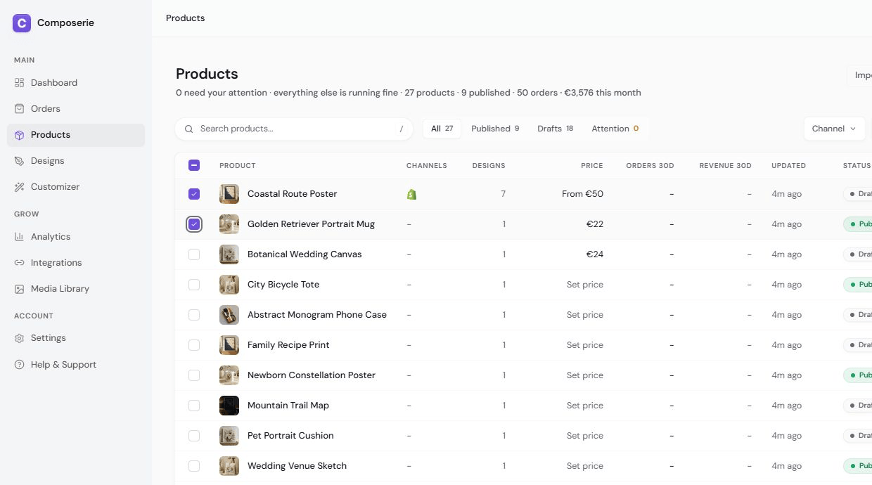 The bulk action bar showing Archive, Duplicate, and Delete after selecting products
