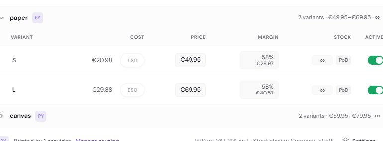 Inline cost and price fields with the margin on a variant row