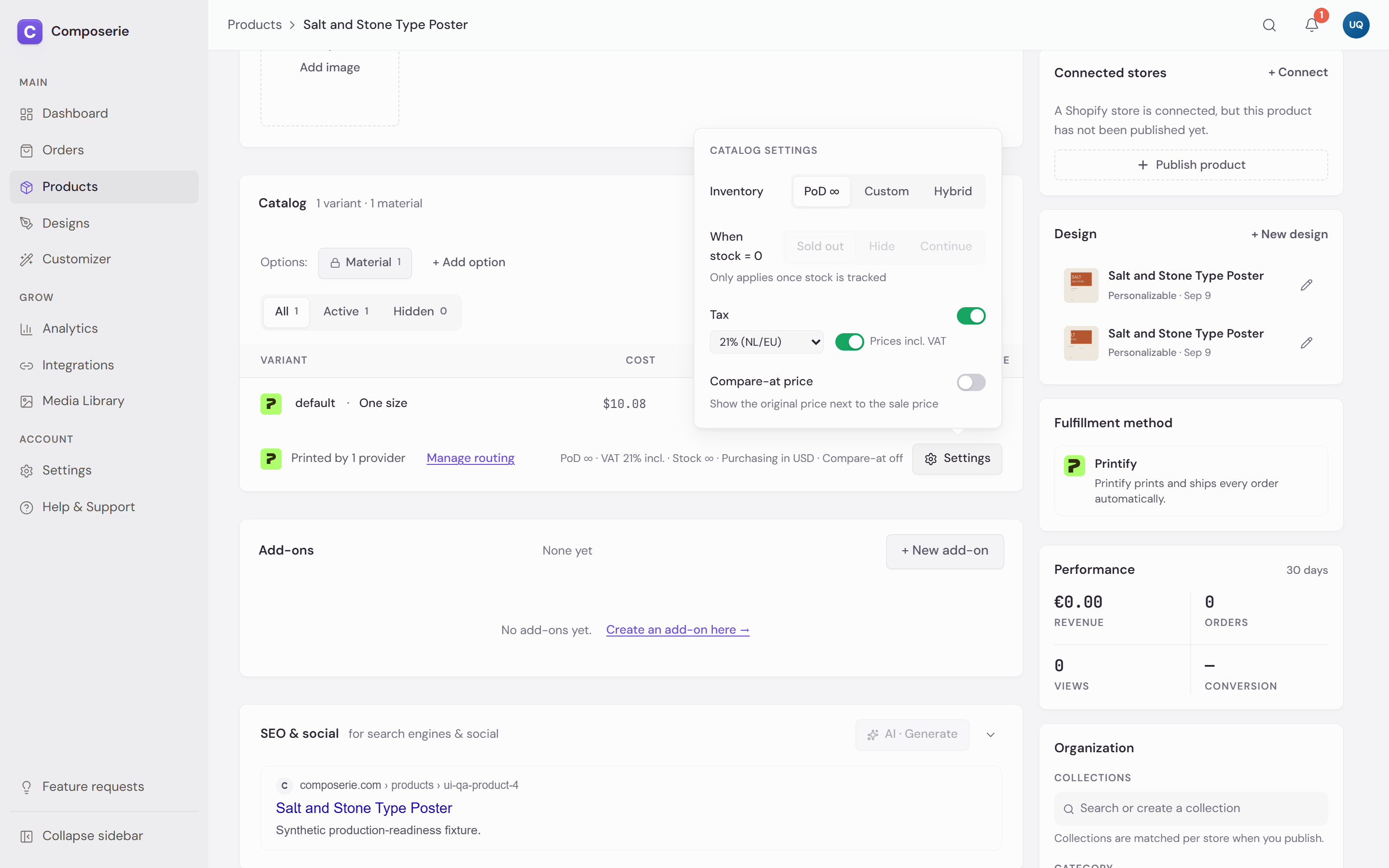 The catalog settings popover with inventory mode, VAT, compare-at, and sold-out controls