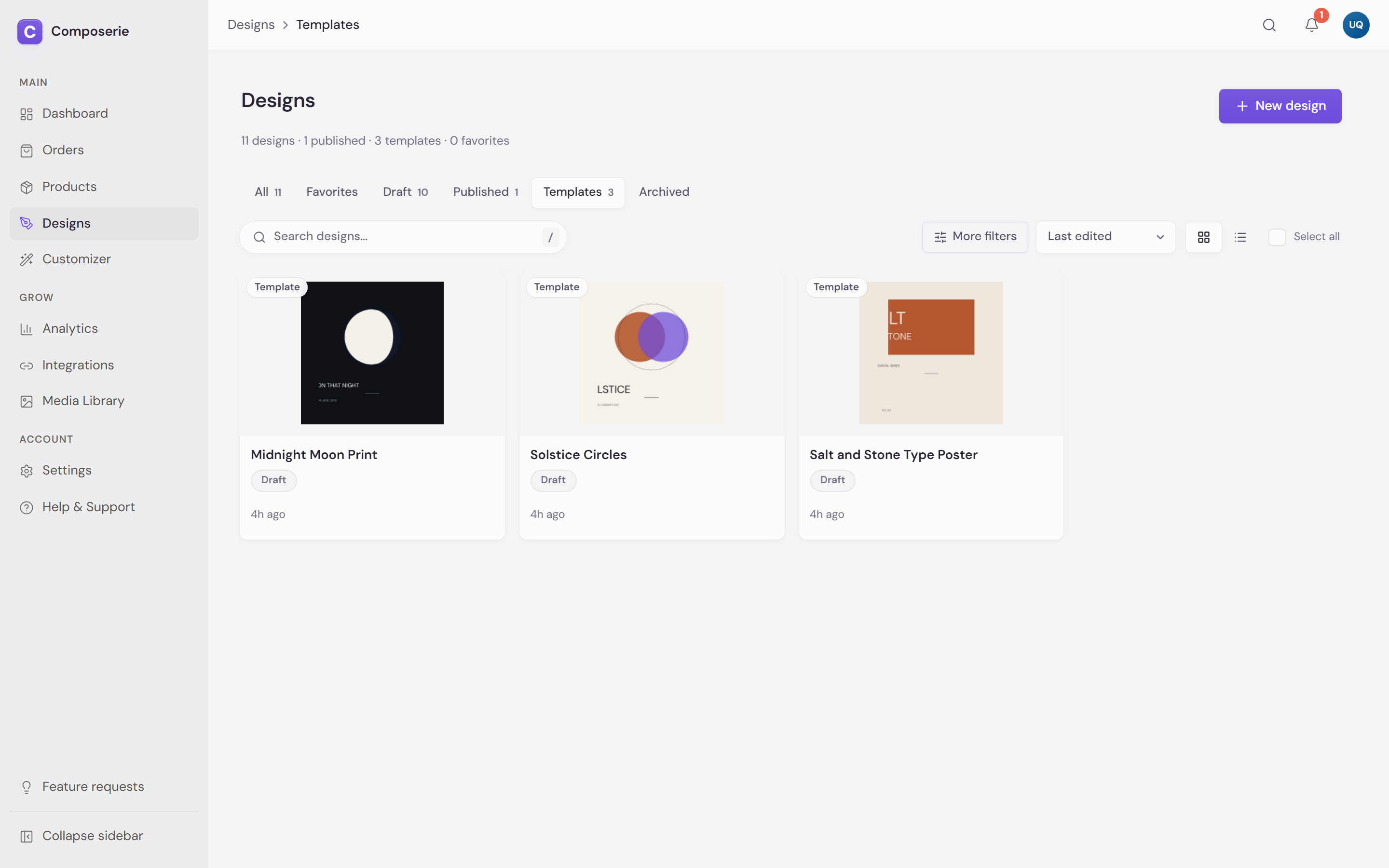 The template chooser with template cards showing thumbnails, names, and product types